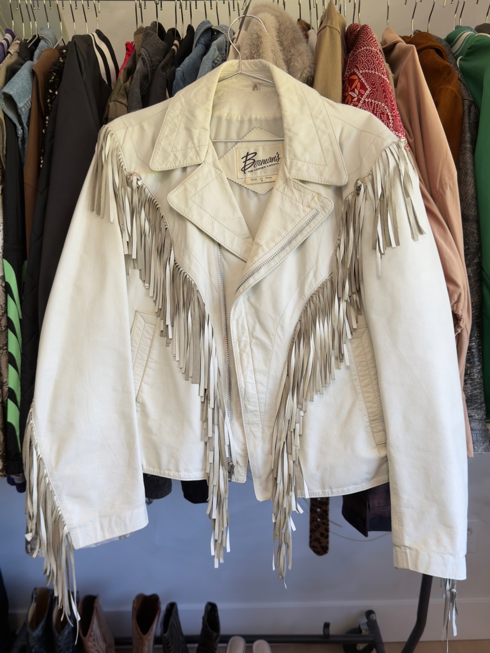Boxy White Fringed Leather Jacket by Berman’s